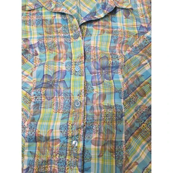 Hollywood Women’s Sheer Button Up Blouse Blue Green Floral Plaid Short Sleeve – - Picture 12 of 12
